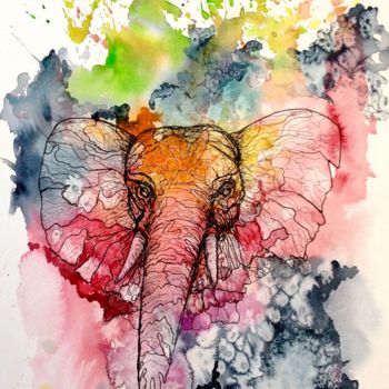 Painting titled "Elephant" by Jérôme Royer, Original Artwork, Ink