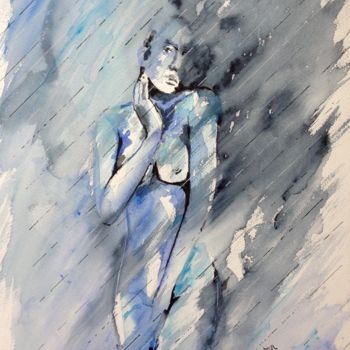 「50 shades of blue」というタイトルの絵画 Jérôme Royerによって, オリジナルのアートワーク, 水彩画