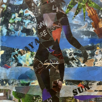 Collages intitulée "silhouette plage" par Jerome Vassard, Œuvre d'art originale, Collages Monté sur Panneau de bois