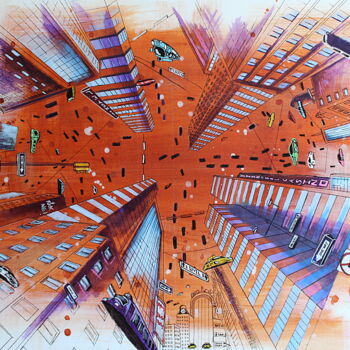 「Trafic」というタイトルの絵画 Jerome Brillatによって, オリジナルのアートワーク, アクリル ウッドストレッチャーフレームにマウント