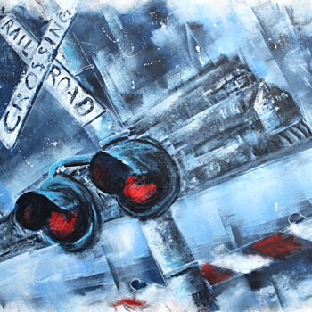 Painting titled "Railroad crossing" by Jerome Brillat, Original Artwork, Acrylic Mounted on Wood Stretcher frame