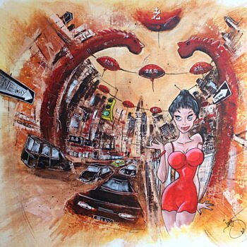 Schilderij getiteld "Chinatown" door Jerome Brillat, Origineel Kunstwerk, Acryl Gemonteerd op Frame voor houten brancard