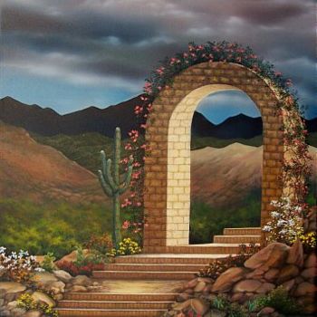 Painting titled ""Arched Walkway"" by Jerry Sauls, Original Artwork, Oil
