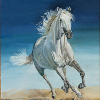 Malarstwo zatytułowany „Siwy kon w galopie” autorstwa Jerzy Kosinski, Oryginalna praca, Olej Zamontowany na Drewniana rama n…