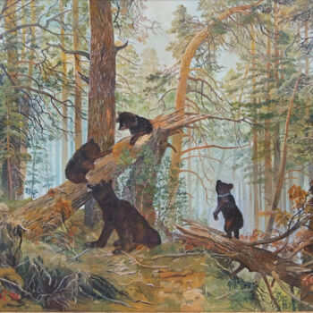 Painting titled "Poranek w lesie - k…" by Jerzy Kosinski, Original Artwork, Oil Mounted on Wood Stretcher frame