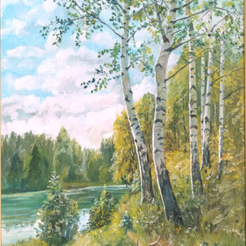 Painting titled "Brzozy nad rzeką" by Jerzy Kosinski, Original Artwork, Oil Mounted on Wood Stretcher frame