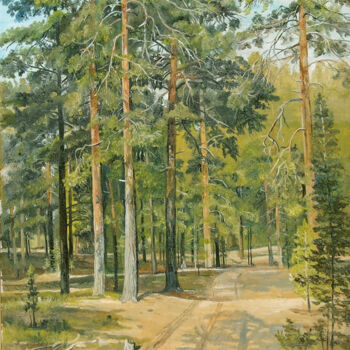 Painting titled "Droga w lesie" by Jerzy Kosinski, Original Artwork, Oil Mounted on Wood Stretcher frame