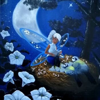Peinture intitulée "La fée de minuit" par Jessie Poitras (La Panthère Blanche JP), Œuvre d'art originale, Huile Monté sur Ch…