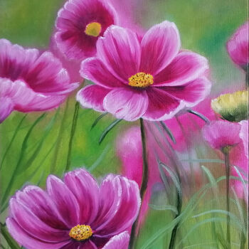 Painting titled "Pink flowers - cosm…" by Jevika, Original Artwork, Oil Mounted on Cardboard