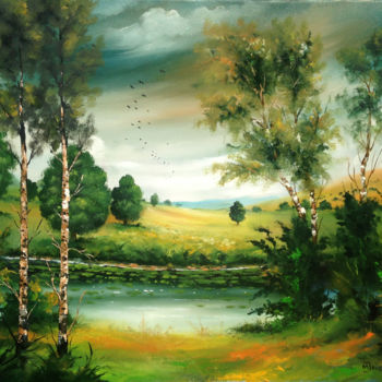 Painting titled "Trees at the lake /…" by Jewels Wolf, Original Artwork, Oil