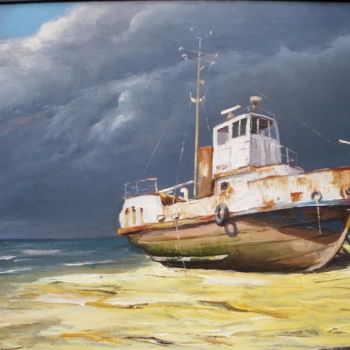 Schilderij getiteld "Кораблик на берегу" door Michael Slutsker, Origineel Kunstwerk, Olie