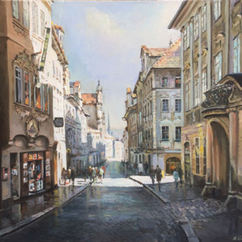 Painting titled "Улица старого города" by Michael Slutsker, Original Artwork, Oil