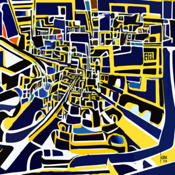 Digital Arts titled "Le Centre Ville" by Jean-François Gemmrich, Original Artwork, Digital Painting Mounted on Wood Stretche…