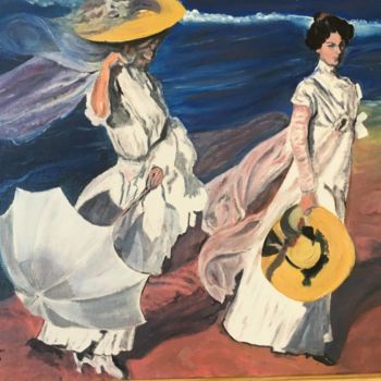 Painting titled "sur la plage à Deau…" by Jean-Francois Jehl, Original Artwork, Oil Mounted on Cardboard