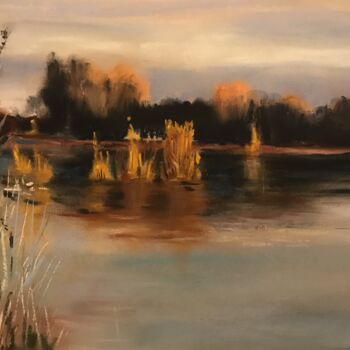 Peinture intitulée ""calme sur l'étang"" par Jean-Francois Jehl, Œuvre d'art originale, Pastel