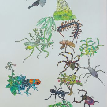 Картина под названием "草虫与草药" - Jianxing Li, Подлинное произведение искусства, Акварель Установлен на плексиглас