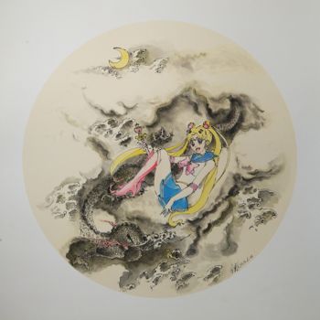 Malerei mit dem Titel "美少女战士与龙" von Jianxing Li, Original-Kunstwerk, Aquarell