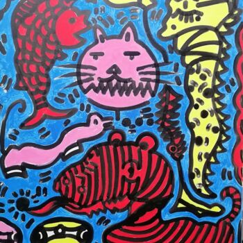 Peinture intitulée "猫与鱼" par Jianxing Li, Œuvre d'art originale, Acrylique
