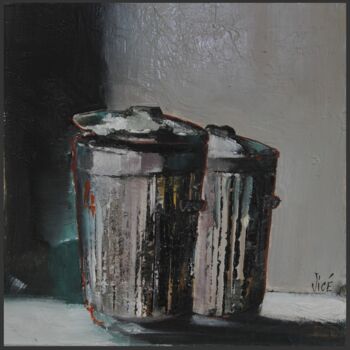 Painting titled "Les poubelles" by Jicé, Original Artwork, Oil Mounted on Cardboard