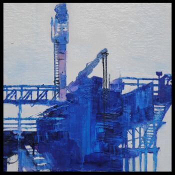 Malerei mit dem Titel "Bleu pétrole" von Jicé, Original-Kunstwerk, Öl Auf Karton montiert