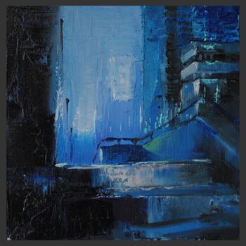 Pittura intitolato "City blue" da Jicé, Opera d'arte originale, Olio Montato su Cartone
