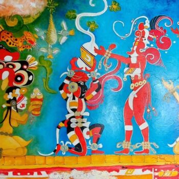 「Murale Maya découve…」というタイトルの絵画 Jean-Claude Waelput (Jicé)によって, オリジナルのアートワーク, オイル