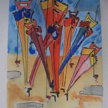 Pintura intitulada "Les Bateaux" por Bjc, Obras de arte originais, Aquarela