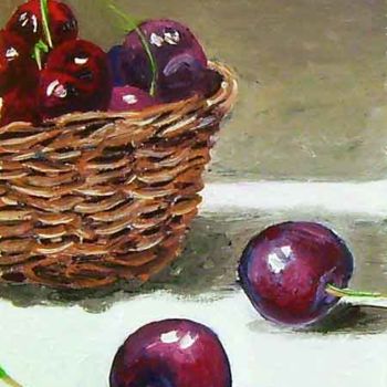 Schilderij getiteld "cherries and basket" door Jiddje, Origineel Kunstwerk, Olie