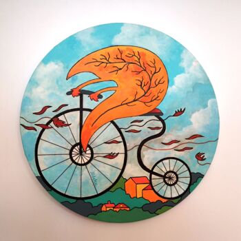 Ζωγραφική με τίτλο "Feuille à bicyclett…" από Jocelyne Deschamps-Kus, Αυθεντικά έργα τέχνης, Ακρυλικό Τοποθετήθηκε στο Ξύλιν…