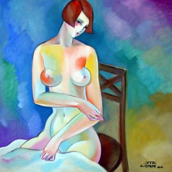 Painting titled "Femme-nue-assise" by Jie Zh, Original Artwork, Oil