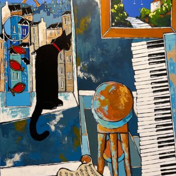 绘画 标题为“Black cat and Matis…” 由Jiel, 原创艺术品, 丙烯 安装在木质担架架上