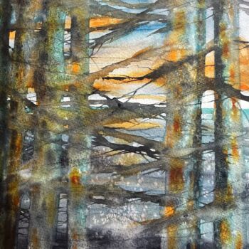 Pittura intitolato "Sunset Trees" da Jill Correale Jill Simpson, Opera d'arte originale, Acquarello