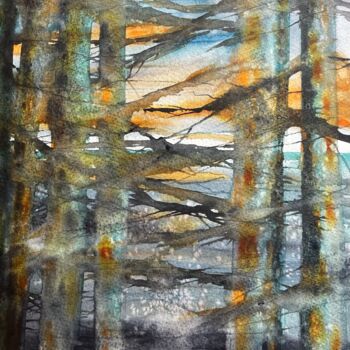 Painting titled "Sunset Trees" by Jill Correale Jill Simpson, Original Artwork, Watercolor