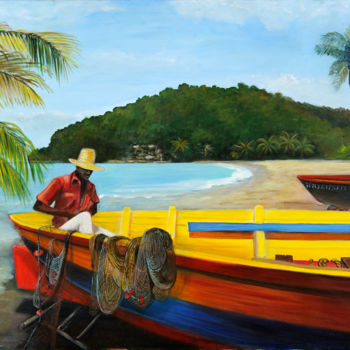 Peinture intitulée "Pêcheur Antillais" par Jill Bordes, Œuvre d'art originale, Huile