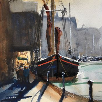 Ζωγραφική με τίτλο "Thames Barge at Ips…" από Jim Morgan, Αυθεντικά έργα τέχνης, Ακουαρέλα