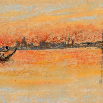 Картина под названием "sunset-on-harbour.j…" - Jim Fischer, Подлинное произведение искусства, Пастель