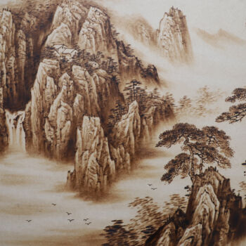 Painting titled "云映山泉" by Jinfang Lu, Original Artwork, Pigments