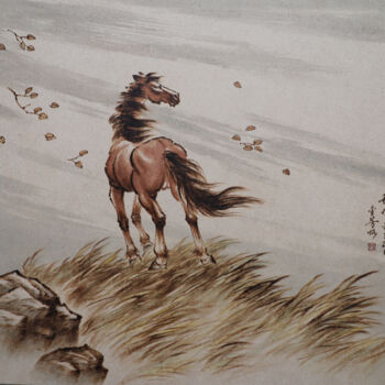 Pintura intitulada "秋风-骏马" por Jinfang Lu, Obras de arte originais, Pigmentos
