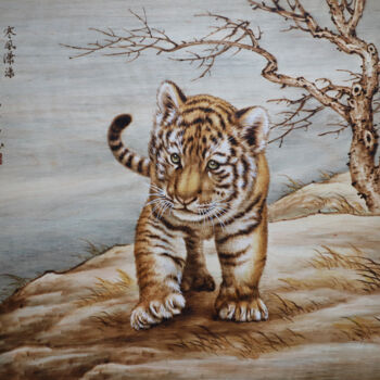 Painting titled "寒风潇潇-小老虎" by Jinfang Lu, Original Artwork, Pigments
