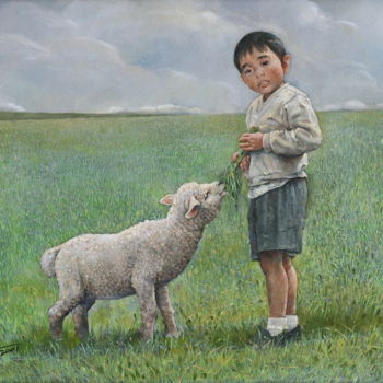 Painting titled "Boy and his sheep" by Jinzuo, Original Artwork, Oil