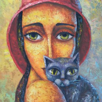 Painting titled "WOMAN WITH CAT" by Jiří Petr, Original Artwork, Oil