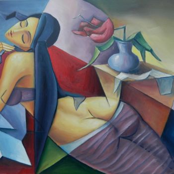 Malarstwo zatytułowany „LAZY WOMAN” autorstwa Jiří Petr, Oryginalna praca, Olej