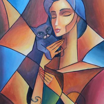Pintura titulada "WOMAN WITH BLACK CAT" por Jiří Petr, Obra de arte original, Oleo