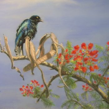 Schilderij getiteld "Oiseau bleu et Flam…" door Josette Francois, Origineel Kunstwerk