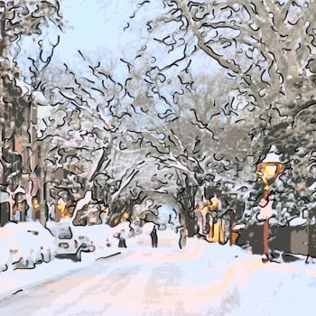 Цифровое искусство под названием "Snowy City Street" - Jack Cash Jr, Подлинное произведение искусства