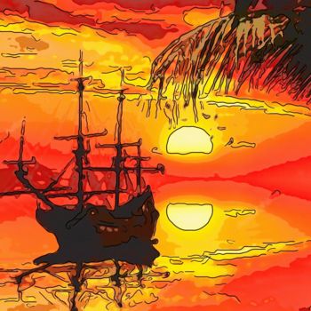 「Tall Ship At Anchor」というタイトルのデジタルアーツ Jack Cash Jrによって, オリジナルのアートワーク, デジタル絵画