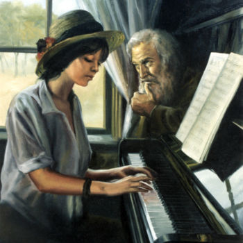 Painting titled "PIANO LESSONS" by Dimitrios Gonalakis, Original Artwork, Oil