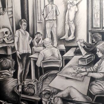 Drawing titled "l'atelier dessin" by Jean-Michel Desterke, Original Artwork, Charcoal