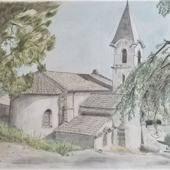 Drawing titled "Eglise de Lamanon" by Jean-Marc Gilles, Original Artwork, Pencil