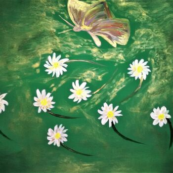 Painting titled "BUTTERFLY & DAISIES" by Jmsbell, Original Artwork, Acrylic